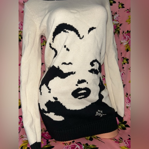 Betsey Johnson Marilyn Monroe sweater dress wink kiss lip cream long vintage L - Picture 5 of 8